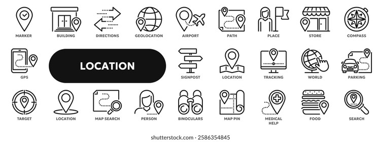 Set of vector linear icons related to navigation and location, gps positioning, travel and tourism. Symbols for website or app ui, logo design, illustration