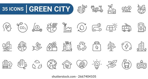 Satz von Vektorgrafiksymbolen, die sich auf die grüne Stadt und den Umrissstil beziehen. Linienpiktogramme und Infografik-Gestaltungselemente. Bearbeitbarer Strich.