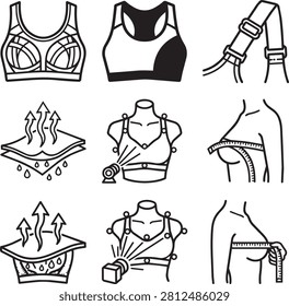 Set of vector linear icons representing sports bra design and fitting process