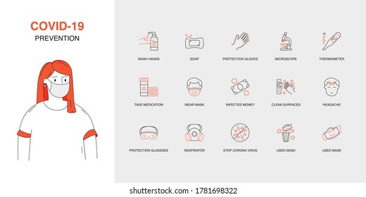 Set of Vector Linear Icons for Respirator Money, Clean Surfaces, Rubber Gloves and more. Collection of 15 COVID-19 Icons.