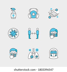 Set of Vector Linear Icons for Respirator, Avoid Contact, Stop Corona Virus and more. Collection of 9 COVID-19 Icons.