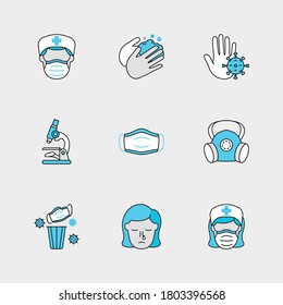 Conjunto de Iconos Lineales Vectoriales para Respirador, Máscara Usada, Nariz Rinua y más. Colección de 9 iconos COVID-19.