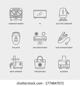 Set of Vector Linear Icons for Sandwich Maker, TV, Electric Samovar and more. Collection of 9  Household Icons.