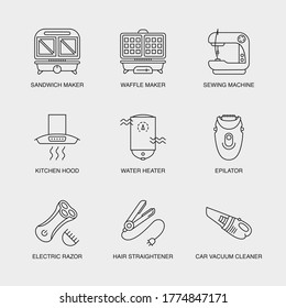 Set of Vector Linear Icons for Sandwich Maker, Waffle Maker, Sewing Machine and more. Collection of 9  Household Icons.