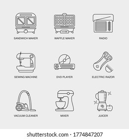 Set of Vector Linear Icons for Sandwich Maker, Waffle Maker, Radio and more. Collection of 9  Household Icons.