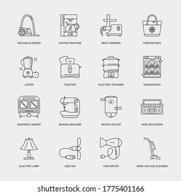 Set of Vector Linear Icons for Sandwich Maker, Sewing Machine, Water Heater and more. Collection of 16 Household Icons.