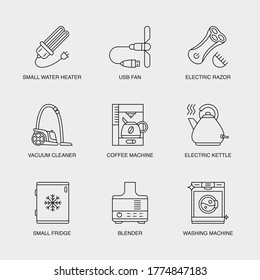 Set of Vector Linear Icons for Small Water Heater, USB Fan, Electric Razor and more. Collection of 9  Household Icons.