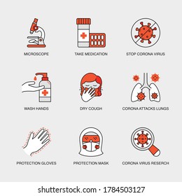 Set of Vector Linear Icons for Stop Corona Virus, Wash Hands, Dry Cough, Infected Lungs, Take Medication and more. Collection of 9 COVID-19 Icons.