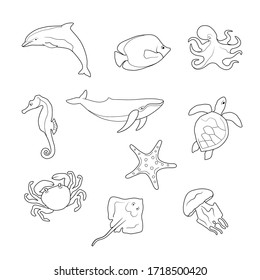 Set of vector linear icons, in the style of minimalism with sea inhabitants