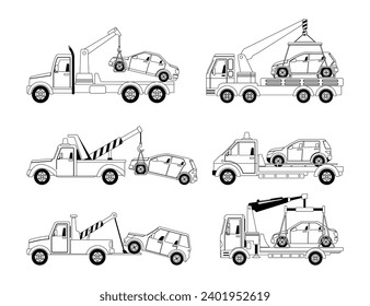 Set Of Vector Linear Icons Of Tow Trucks Haul Away Cars From Improper Parking To The Penalty Area, Parking Regulations
