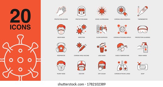 Set of Vector Linear Icons for Used Mask, Corona Virus Vaccine and more. Collection of 20 covid Icons.