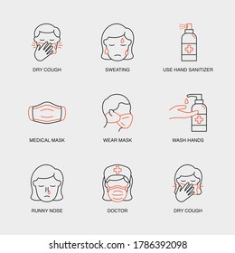 Set of Vector Linear Icons for Wear Mask, Wash Hands, Runny Nose and more. Collection of 9 COVID-19 Icons.