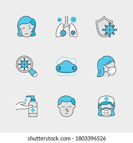 Set von Vektorgrafik-Symbolen für die Tragen von Maske, Wash-Hands, Runny Nose und mehr. Sammlung von 9 COVID-19 Symbolen.