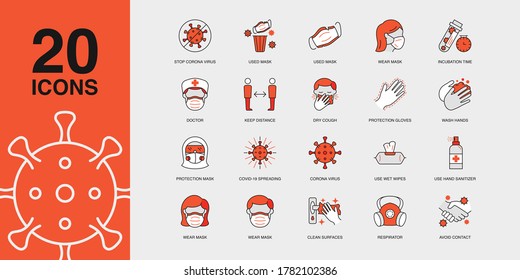 Set of Vector Linear Icons for Wet Wipes, Respirator, Hand Sanitizer and more. Collection of 20 covid Icons.