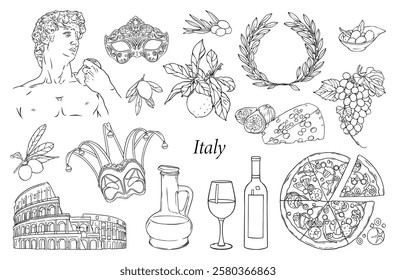 Set of vector linear illustrations Italy. Colosseum, David, olive, cheese, fig, laurel wreath, carnival masks, wine, pizza. Vector hand drawn illustration.