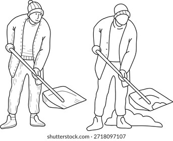 Un conjunto de ilustraciones lineales de Vector de una persona paleando nieve. Una escena de contorno simple de limpieza de invierno para diseños estacionales, nevadas y ventisqueros.