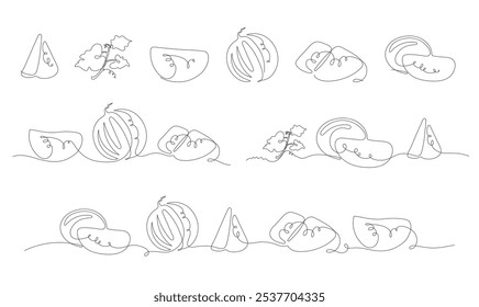 Set of vector linear illustrations with watermelons in minimalist style