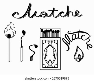 Set of vector linear illustrations and words. A box of matches, the match burns and smolders.