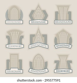 Set of vector linear label templates.Logotypes and badges stencils with various design elements and symbols.Graphic collection for product promotion and advertising isolated on beige background