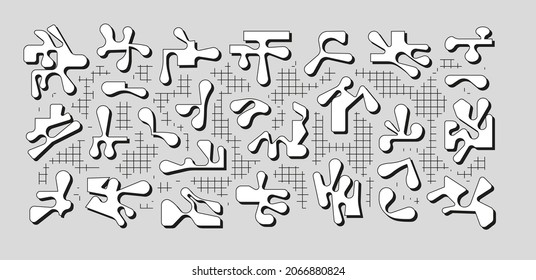 Set of vector linear objects, in a modern style, liquid teardrop shape, puzzle and jigsaw elements, kali and drips, abstract shapes