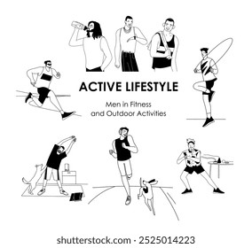 Conjunto de ilustraciones de contorno lineal de Vector, vida deportiva activa de los hombres. Ilustración vectorial