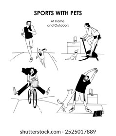 set of vector linear outline illustrations, exercise with pets, outdoors and at home. Vector illustration