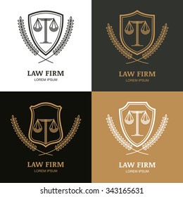 Set of vector linear vintage law firm logo template. Trendy abstract illustration of scales, shield, laurel wreath. Design concept for law and legal business, heraldic emblem, lawyer, label, badges.

