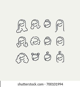 Set o? vector linear woman portrait heads for avatars - 12 different trendy hairstyles. Three types of hair: straight, wavy and curly, hairdressing for all hair types. Simple lineart portraits for web
