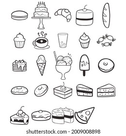 Set of vector lineart cake and ice cream doodle