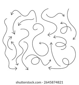 Set of vector lines with arrow of different shapes and directions. design elements. curve wave line arrows. hand drawn line vector icons