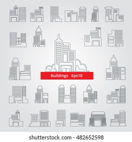 Set of vector lines buildings. Buildings icons. Light background