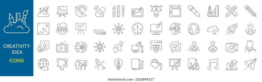 set of vector lines creativity. Contains such Icons as Inspiration, Idea, Brain and more. Editable