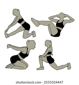 set vector lines of women exercising, Women exercising fitness, black flat design
