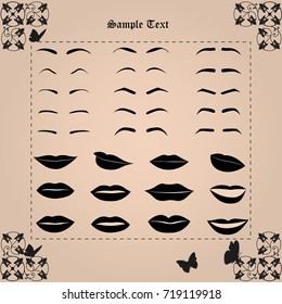 Set of vector lips and eyebrows on a dark pink background