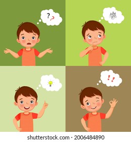 Set of vector of little boy with different thinking process from asking questions, confused, searching for ideas, got an idea, and success solve problems. kid search for solutions concept.