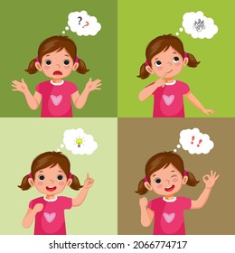 Set vector of little girl different thinking process from confused, searching for ideas, got an idea, and success of problem solving. Kid search for new idea concept.