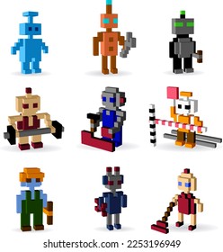 Set of vector little professional robots  - vector voxel automaton elements collection