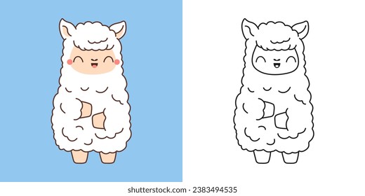 Set Vector Llama Multicolored and Black and White. Kawaii Clip Art Alpaca. Cute Vector Illustration of a Kawaii Animal for Stickers, Baby Shower, Coloring Pages. 