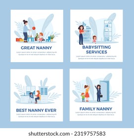 Set of vector llustrations of Family Babysitter services. Woman feeding baby with spoon, playing ball with child. Nanny with child, boy say goodbye to mother. Great for banner or poster mockup