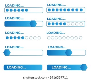 Conjunto de iconos de carga vectorial. icono de progreso de barra de carga. Progreso de descarga. Estado de carga de la colección. Ilustración vectorial.