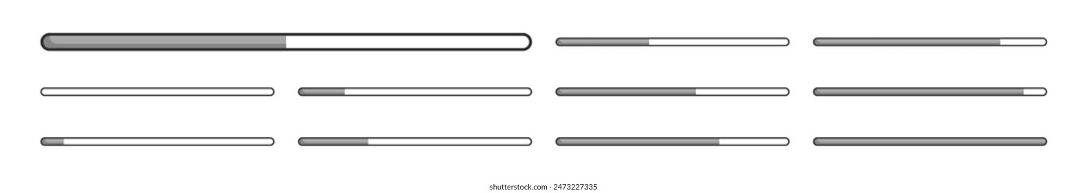 Set of vector loading icons. Percentage loading bar infographic icon set 0-100% in black colour. Load bar collection on transparent background