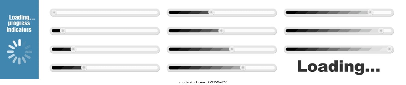 Conjunto de iconos de carga de Vector. Conjunto de iconos de infografía de barra de carga porcentual 0-100% en color negro. Colección de la barra de carga sobre fondo transparente