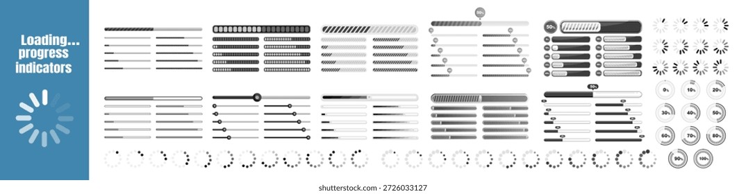 Conjunto de iconos de carga de Vector. Conjunto de iconos de infografía de barra de carga porcentual 0-100% en color negro. Colección de la barra de carga sobre fondo transparente