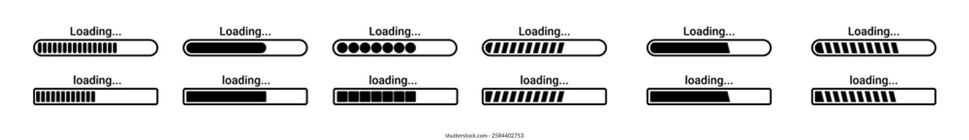 Set of vector loading icons with progress bars and download indicators. Collection of loading status designs in transparent PNG and vector illustration.