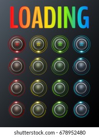 Set of vector loading process buttons in technology style isolated on dark background.