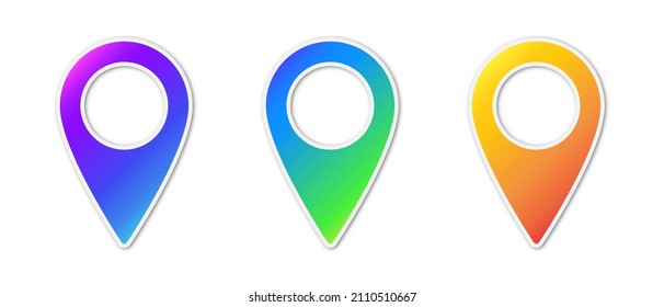 Set of vector Location pin icons. Paper stickers with shadow. Colored map pointer icons isolated.