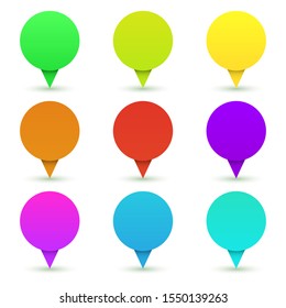 Set of vector location pins. Circle pins isolated. Colored infographic pointers.