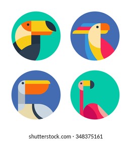 Set of vector logo, badges, labels with exotic tropical birds. Flat colorful illustration of toucan, cockatoo parrot, flamingo and pelican. Trendy circle icons, emblems and design elements. 