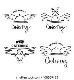 Set vector logo for catering restaurant cafe. Open air party. Catering service. Lettering. Sketch logo design