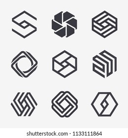 Set of vector logo design template. Black monogram. Hexagon icons